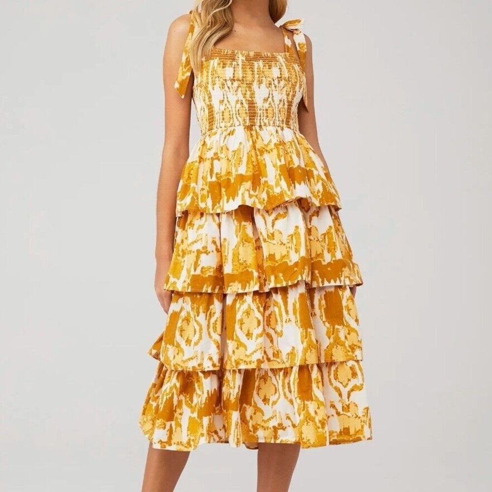 Cleobella Womens M Shae Ikat Smocked Tiered Tie Straps Sundress Midi Dress